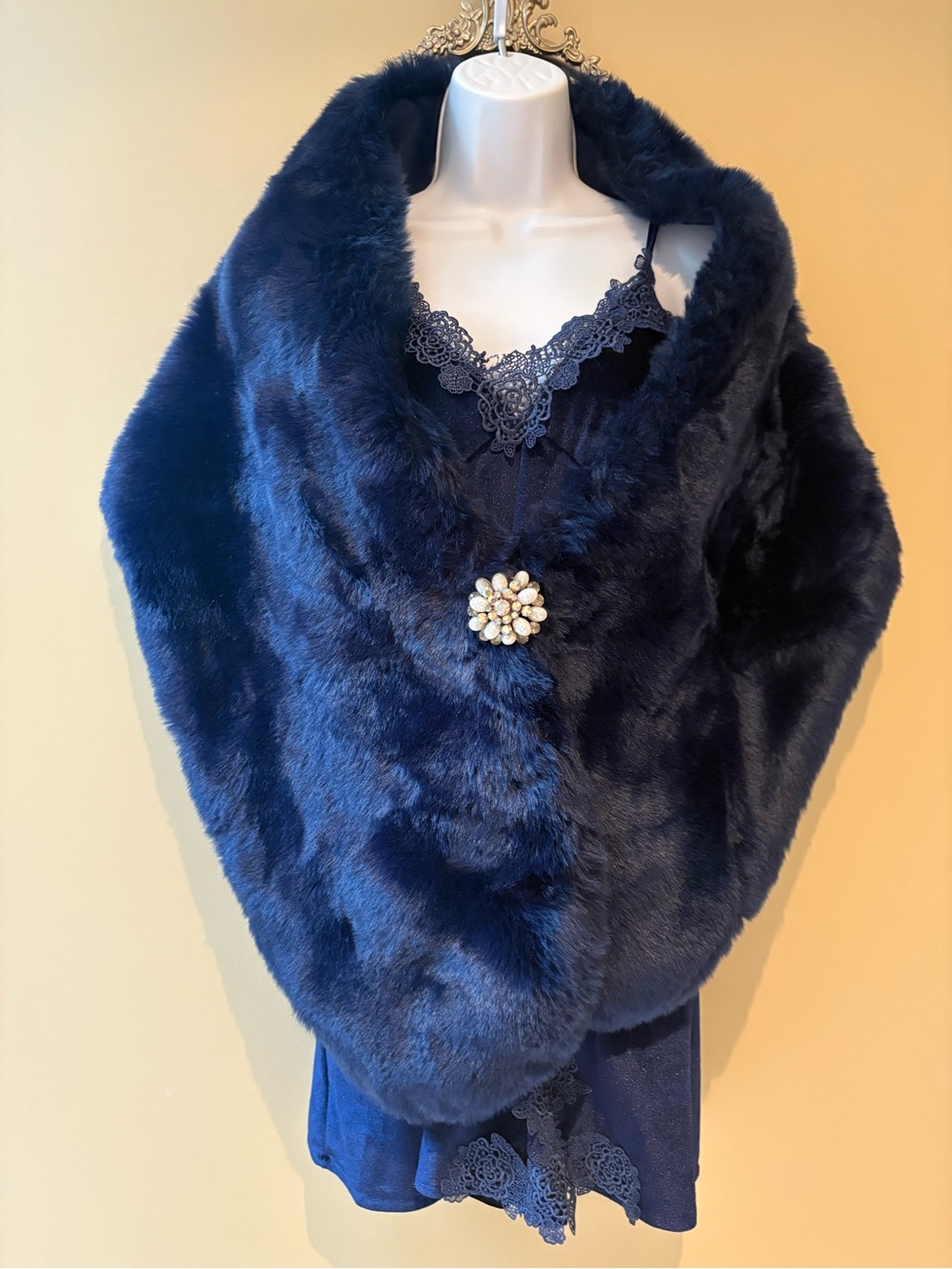 Luxury Blue Faux Fur Cape Shawl with Brooch 12” x 66”